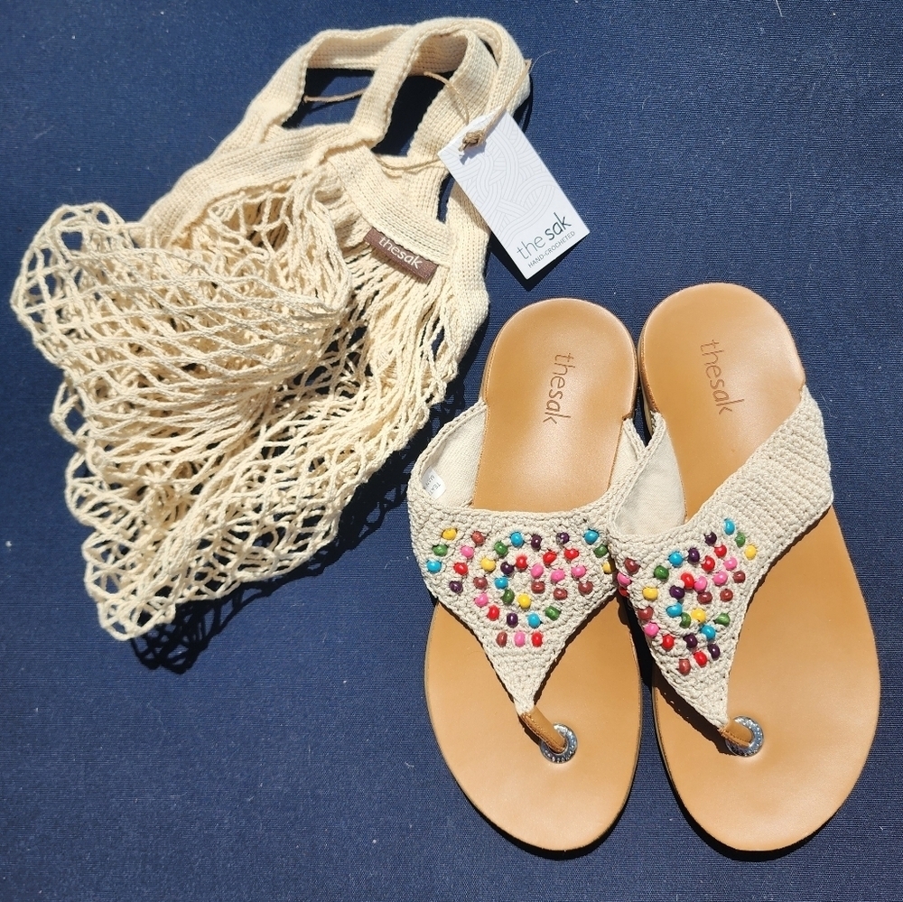 THE SAK Shana Rainbow Wood Beaded Hand Crochet Sandals & Bag Size 6 Boho Thong